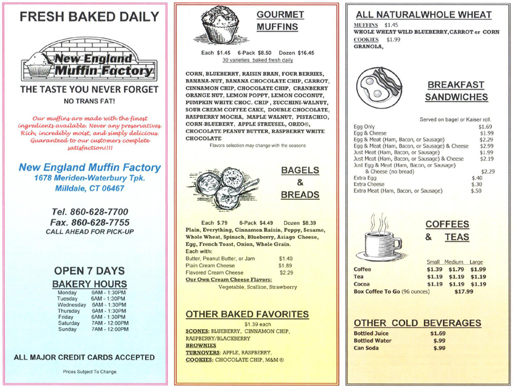 New England Muffin Factory Menu